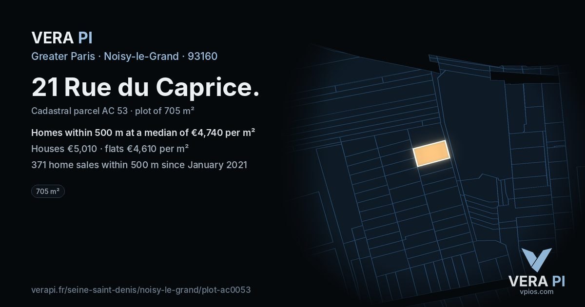21 Rue du Caprice, Noisy-le-Grand at night – the plot lit, the parcels around coloured by the prices near them
