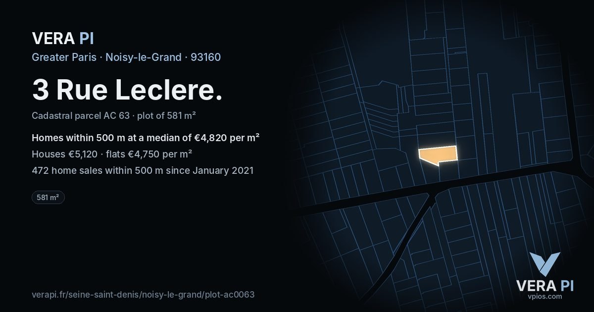 3 Rue Leclere, Noisy-le-Grand at night – the plot lit, the parcels around coloured by the prices near them