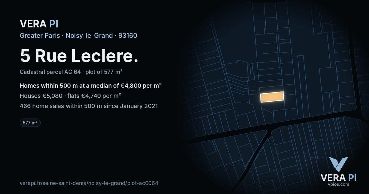 5 Rue Leclere, Noisy-le-Grand at night – the plot lit, the parcels around coloured by the prices near them