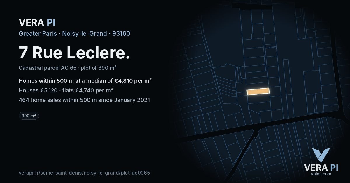 7 Rue Leclere, Noisy-le-Grand at night – the plot lit, the parcels around coloured by the prices near them