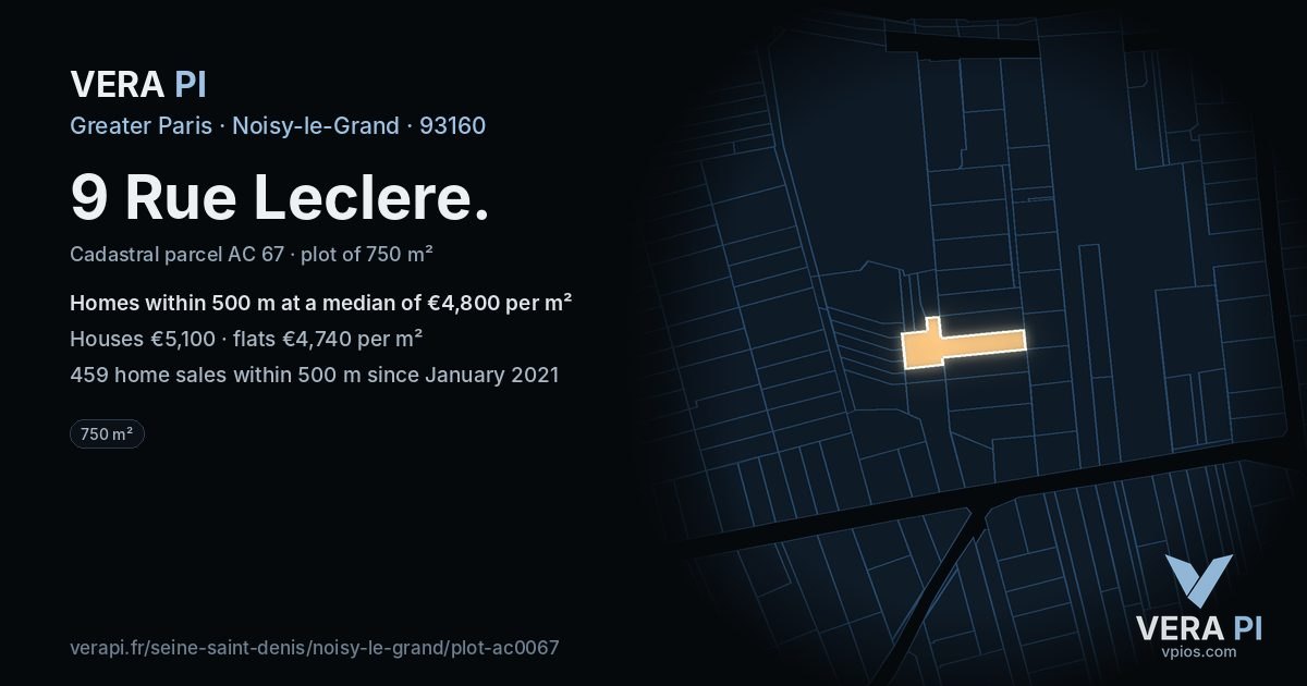 9 Rue Leclere, Noisy-le-Grand at night – the plot lit, the parcels around coloured by the prices near them