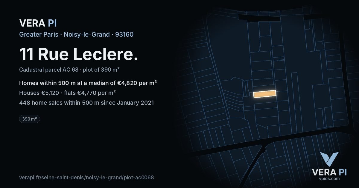 11 Rue Leclere, Noisy-le-Grand at night – the plot lit, the parcels around coloured by the prices near them