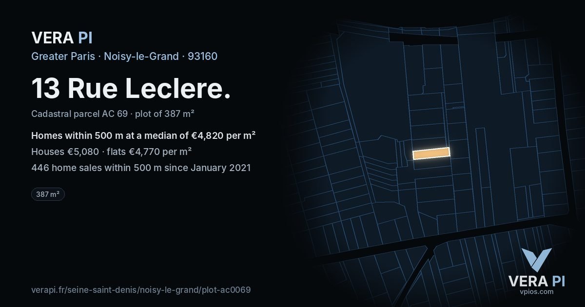 13 Rue Leclere, Noisy-le-Grand at night – the plot lit, the parcels around coloured by the prices near them