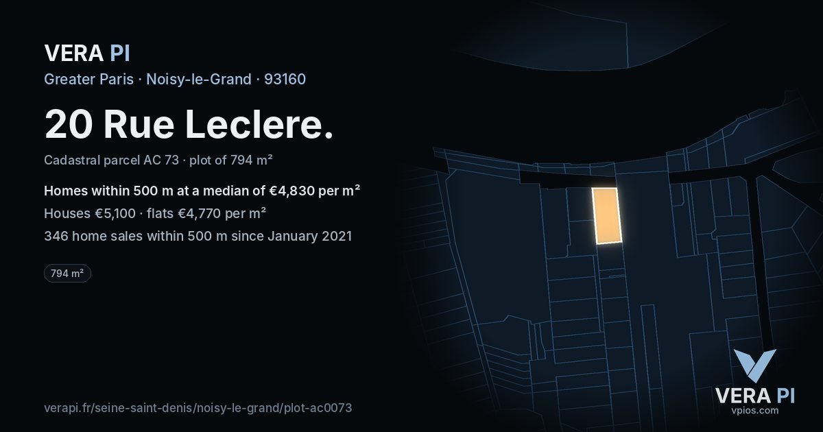20 Rue Leclere, Noisy-le-Grand at night – the plot lit, the parcels around coloured by the prices near them