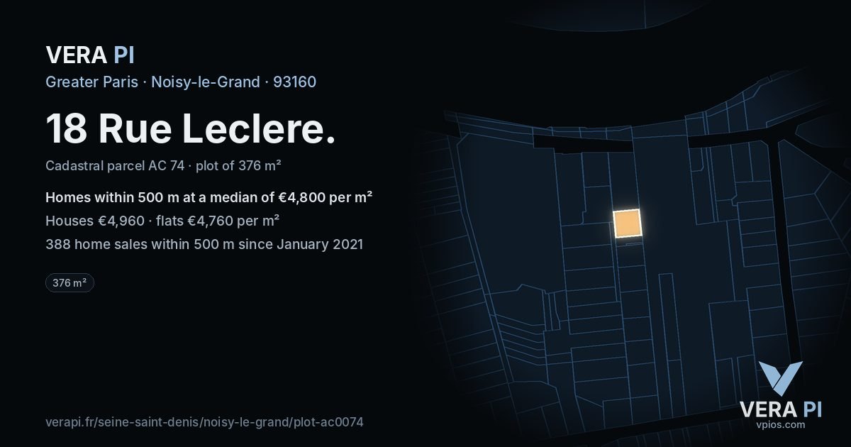 18 Rue Leclere, Noisy-le-Grand at night – the plot lit, the parcels around coloured by the prices near them