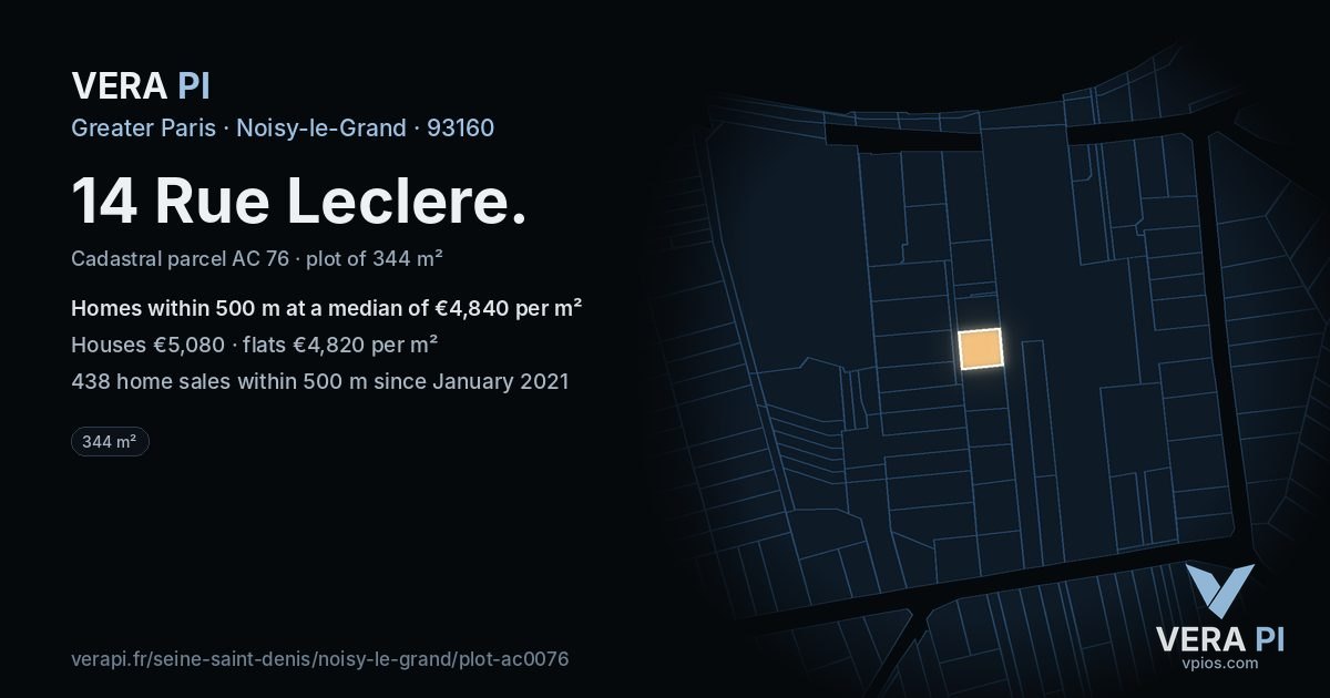 14 Rue Leclere, Noisy-le-Grand at night – the plot lit, the parcels around coloured by the prices near them