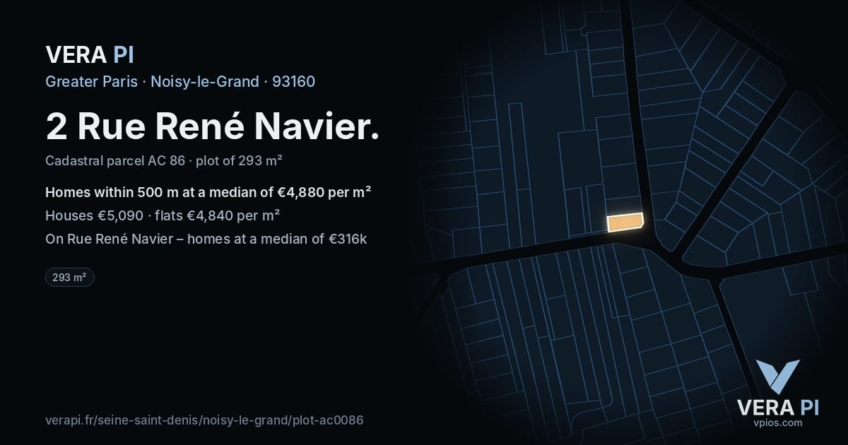 2 Rue René Navier, Noisy-le-Grand at night – the plot lit, the parcels around coloured by the prices near them