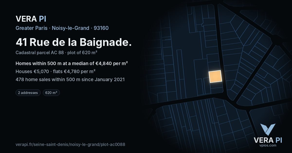 41 Rue de la Baignade, Noisy-le-Grand at night – the plot lit, the parcels around coloured by the prices near them