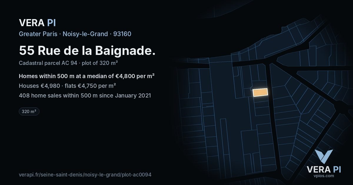 55 Rue de la Baignade, Noisy-le-Grand at night – the plot lit, the parcels around coloured by the prices near them