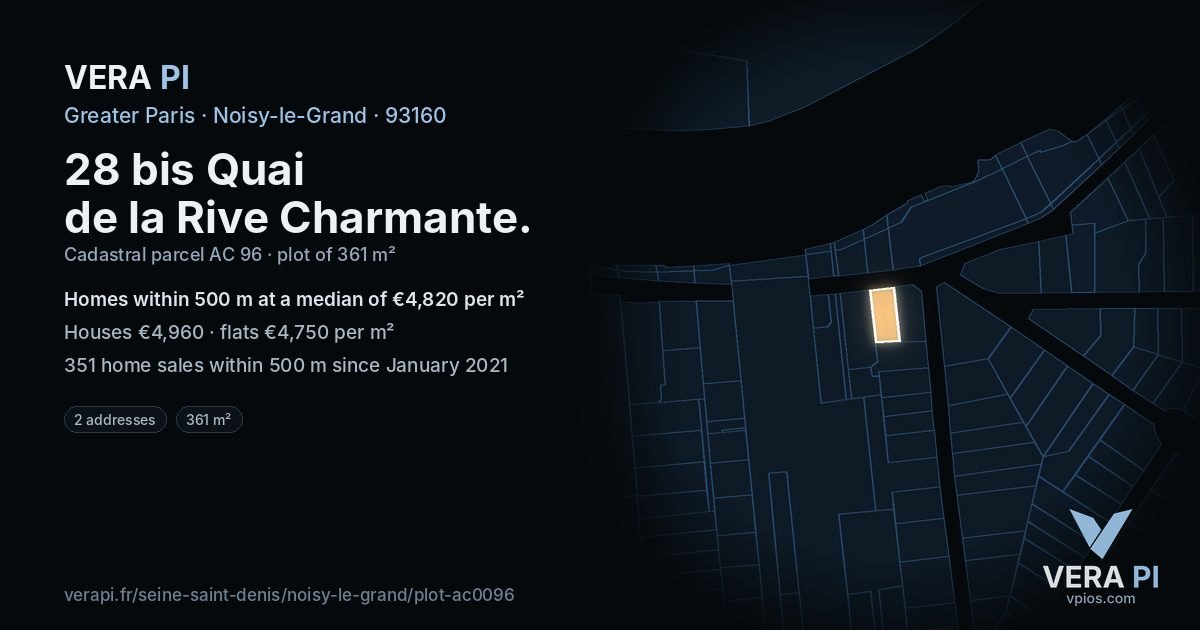 28 bis Quai de la Rive Charmante, Noisy-le-Grand at night – the plot lit, the parcels around coloured by the prices near them