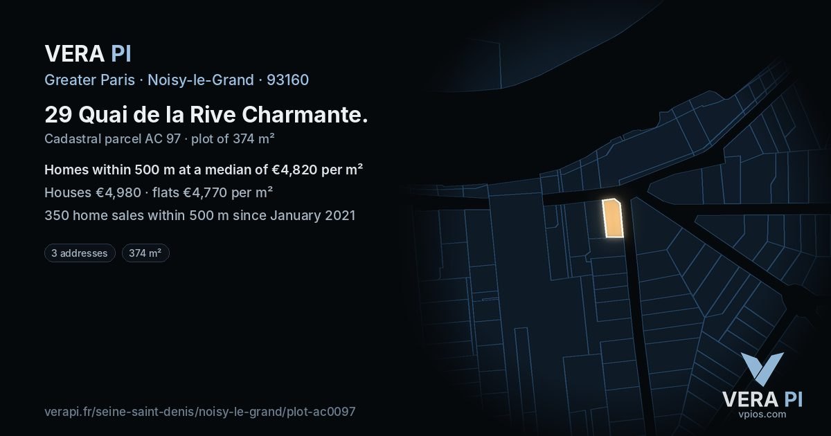 29 Quai de la Rive Charmante, Noisy-le-Grand at night – the plot lit, the parcels around coloured by the prices near them