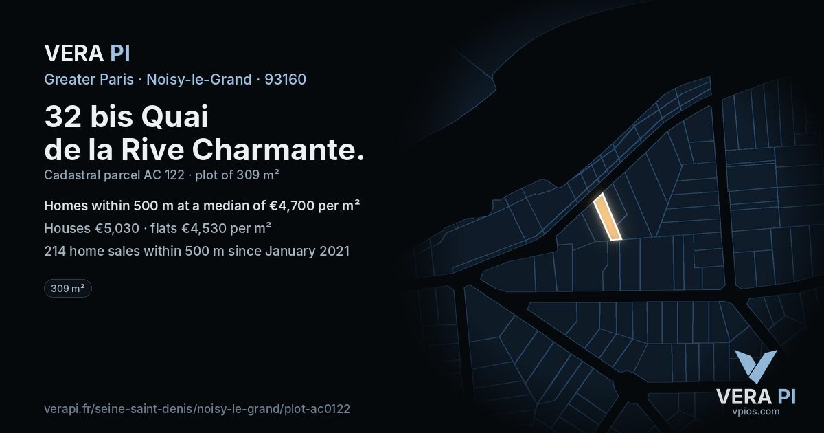 32 bis Quai de la Rive Charmante, Noisy-le-Grand at night – the plot lit, the parcels around coloured by the prices near them