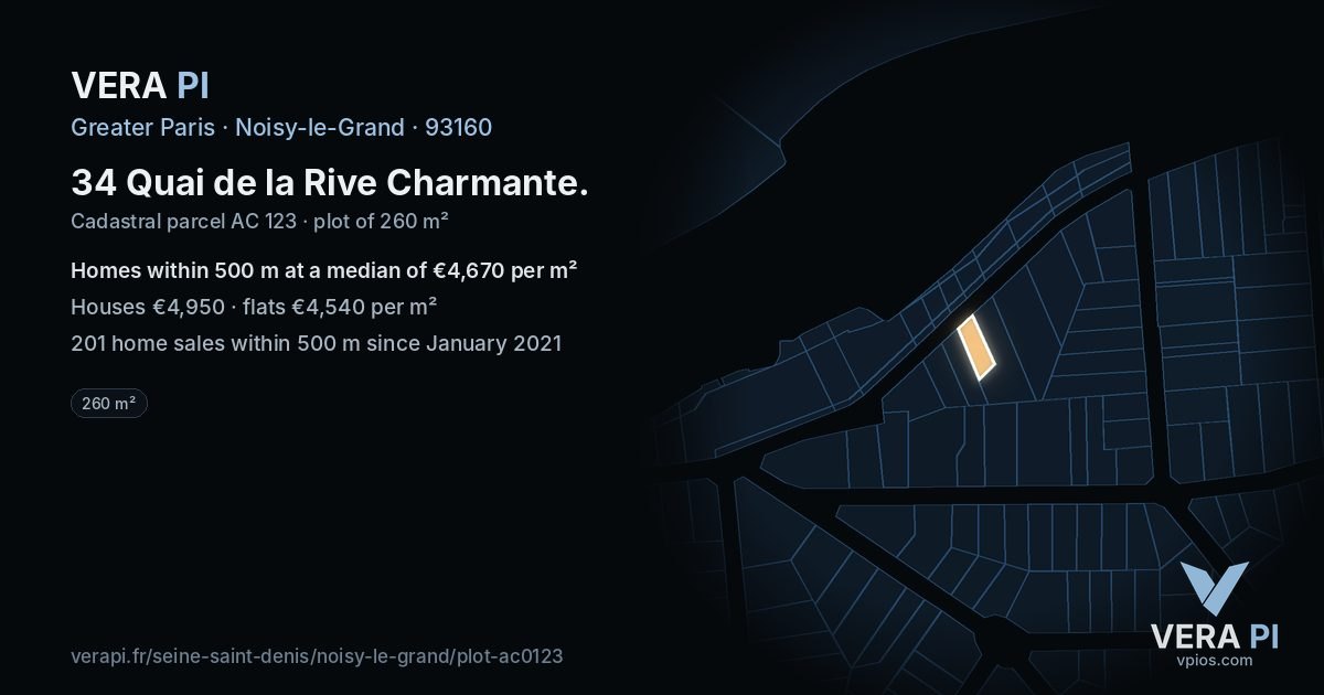 34 Quai de la Rive Charmante, Noisy-le-Grand at night – the plot lit, the parcels around coloured by the prices near them