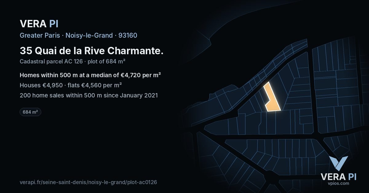 35 Quai de la Rive Charmante, Noisy-le-Grand at night – the plot lit, the parcels around coloured by the prices near them