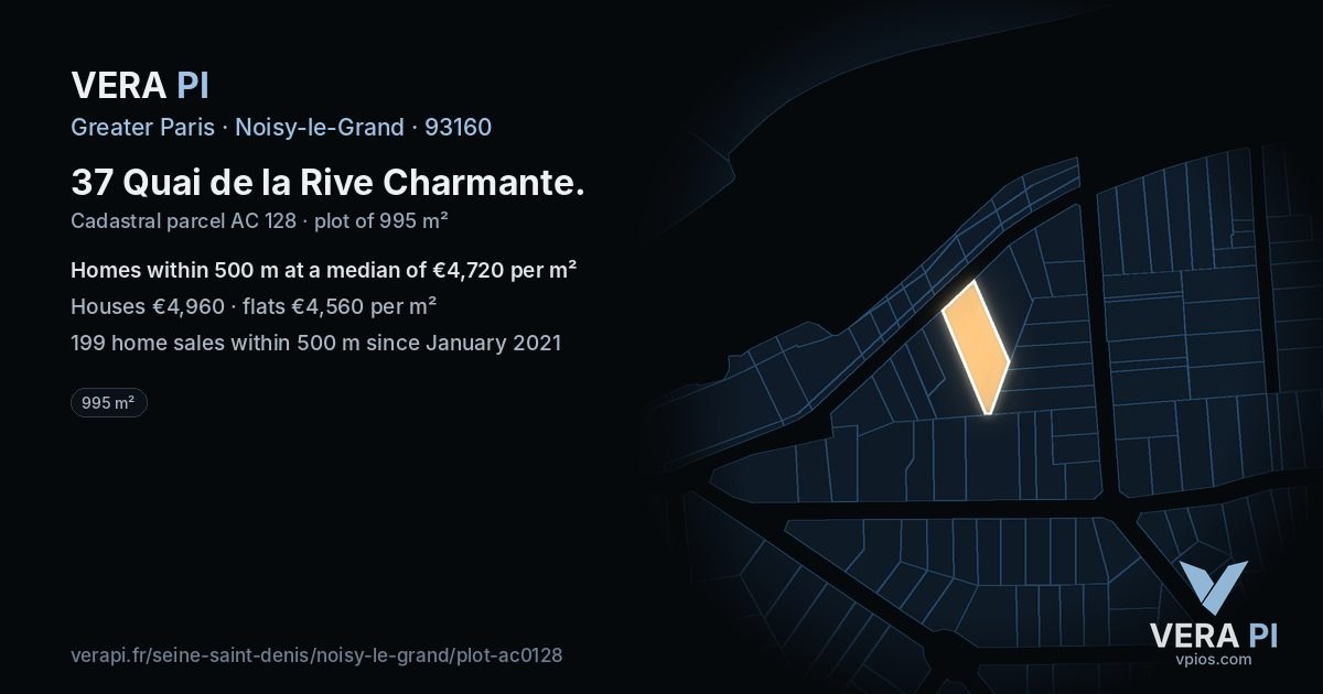 37 Quai de la Rive Charmante, Noisy-le-Grand at night – the plot lit, the parcels around coloured by the prices near them