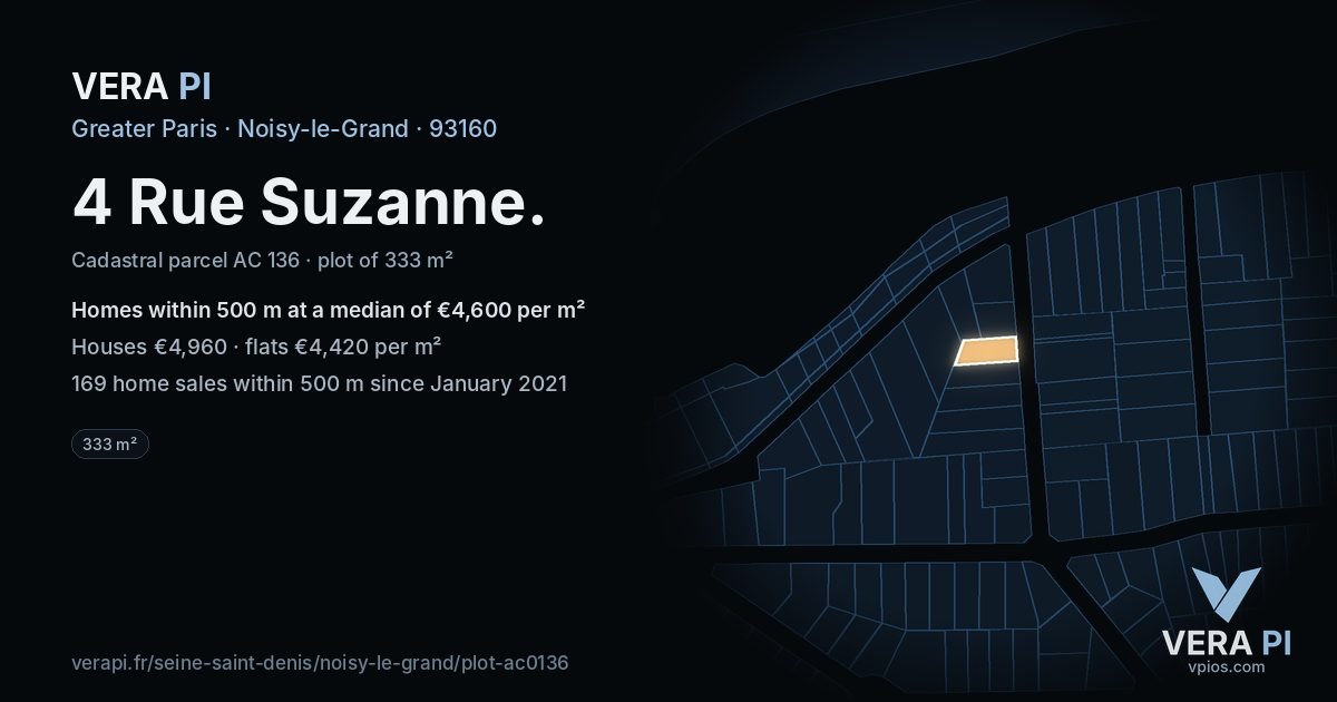 4 Rue Suzanne, Noisy-le-Grand at night – the plot lit, the parcels around coloured by the prices near them