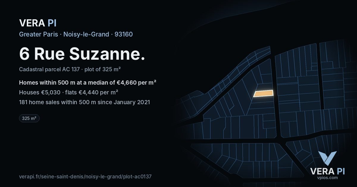 6 Rue Suzanne, Noisy-le-Grand at night – the plot lit, the parcels around coloured by the prices near them