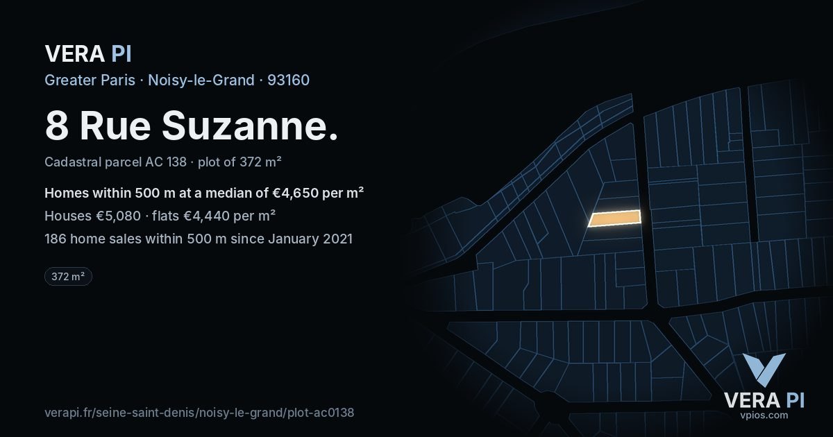 8 Rue Suzanne, Noisy-le-Grand at night – the plot lit, the parcels around coloured by the prices near them