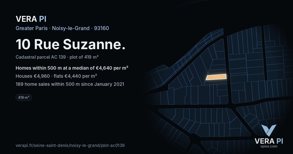 10 Rue Suzanne, Noisy-le-Grand at night – the plot lit, the parcels around coloured by the prices near them