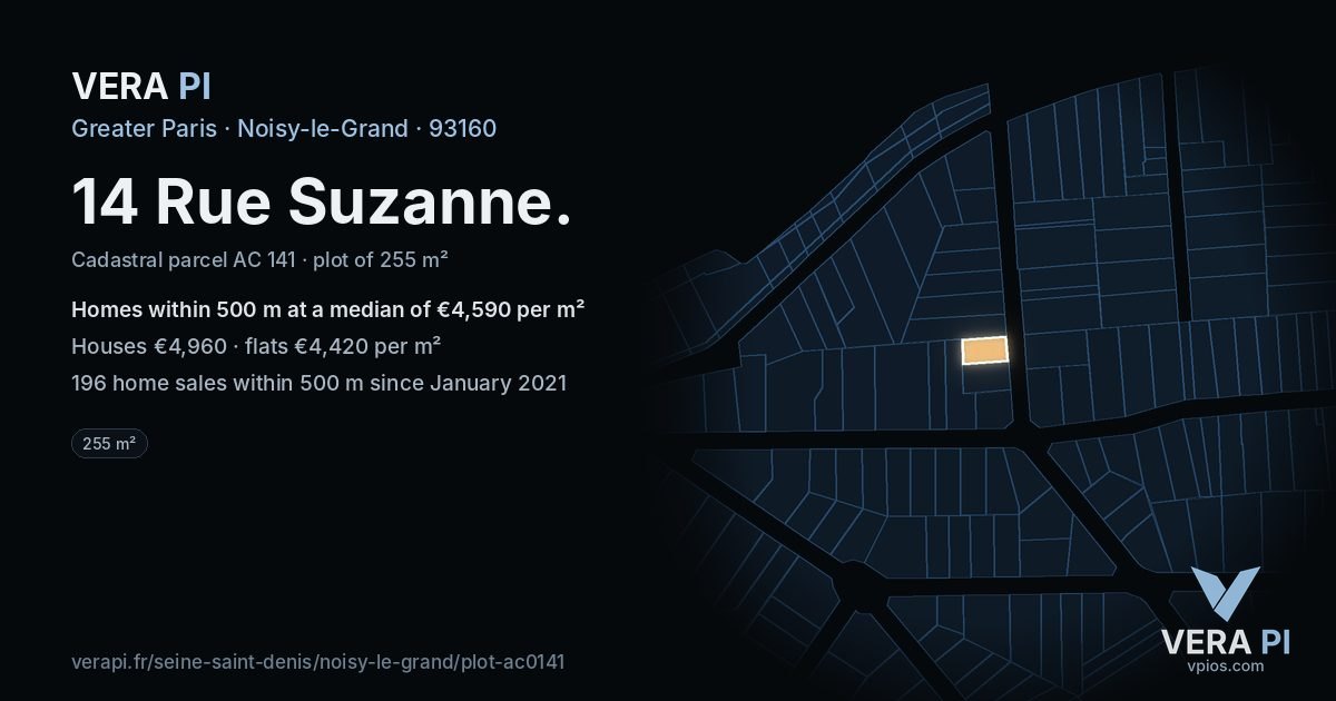 14 Rue Suzanne, Noisy-le-Grand at night – the plot lit, the parcels around coloured by the prices near them