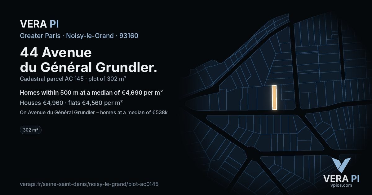 44 Avenue du Général Grundler, Noisy-le-Grand at night – the plot lit, the parcels around coloured by the prices near them
