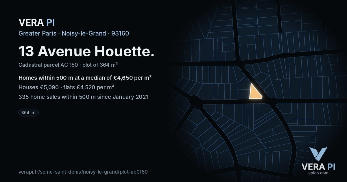 13 Avenue Houette, Noisy-le-Grand at night – the plot lit, the parcels around coloured by the prices near them