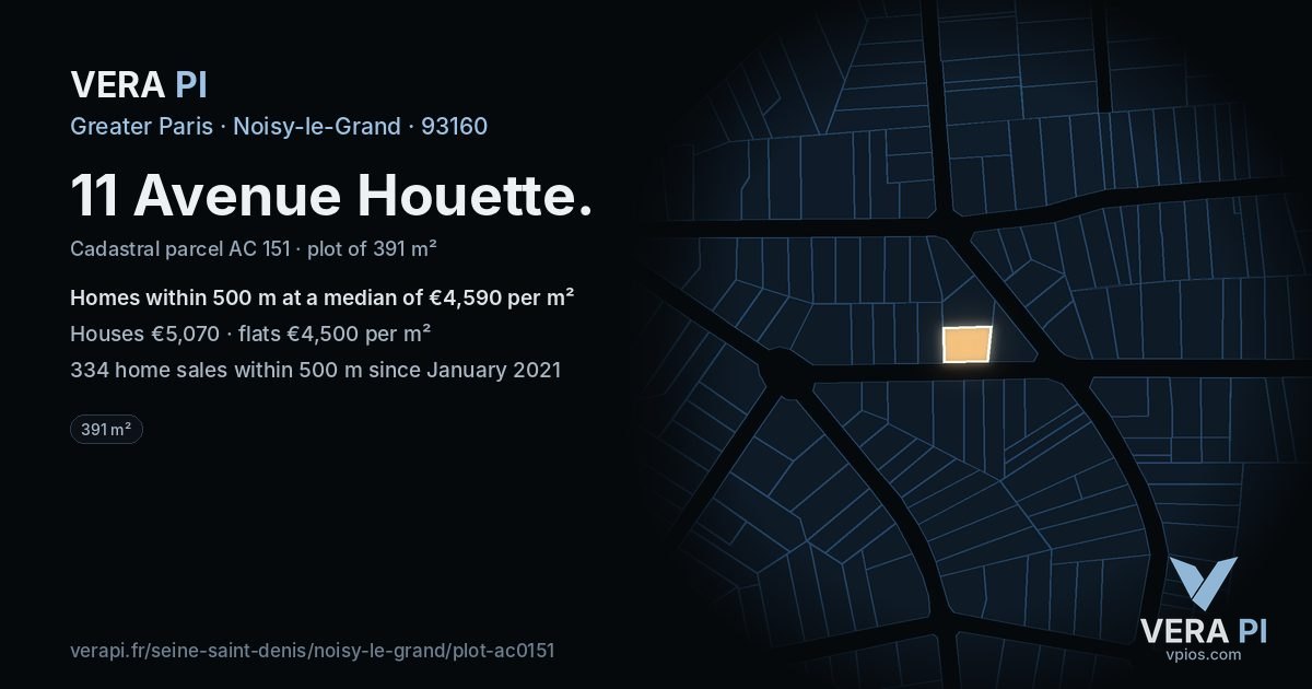 11 Avenue Houette, Noisy-le-Grand at night – the plot lit, the parcels around coloured by the prices near them