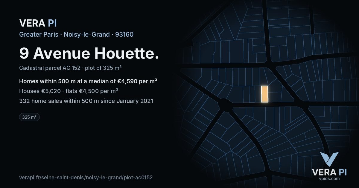 9 Avenue Houette, Noisy-le-Grand at night – the plot lit, the parcels around coloured by the prices near them