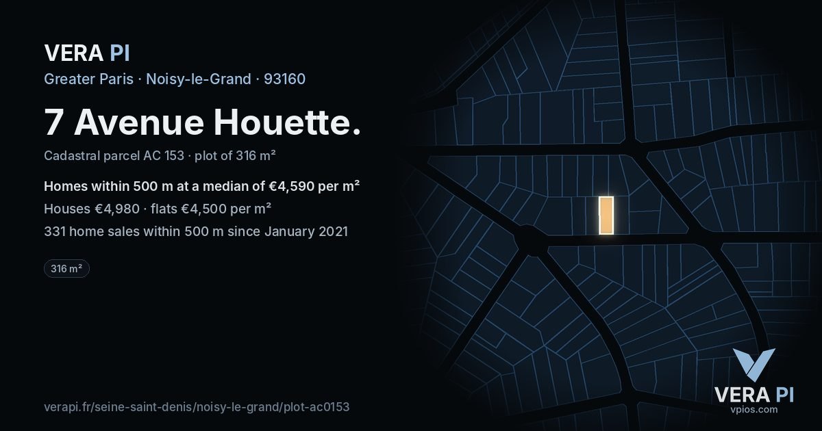 7 Avenue Houette, Noisy-le-Grand at night – the plot lit, the parcels around coloured by the prices near them