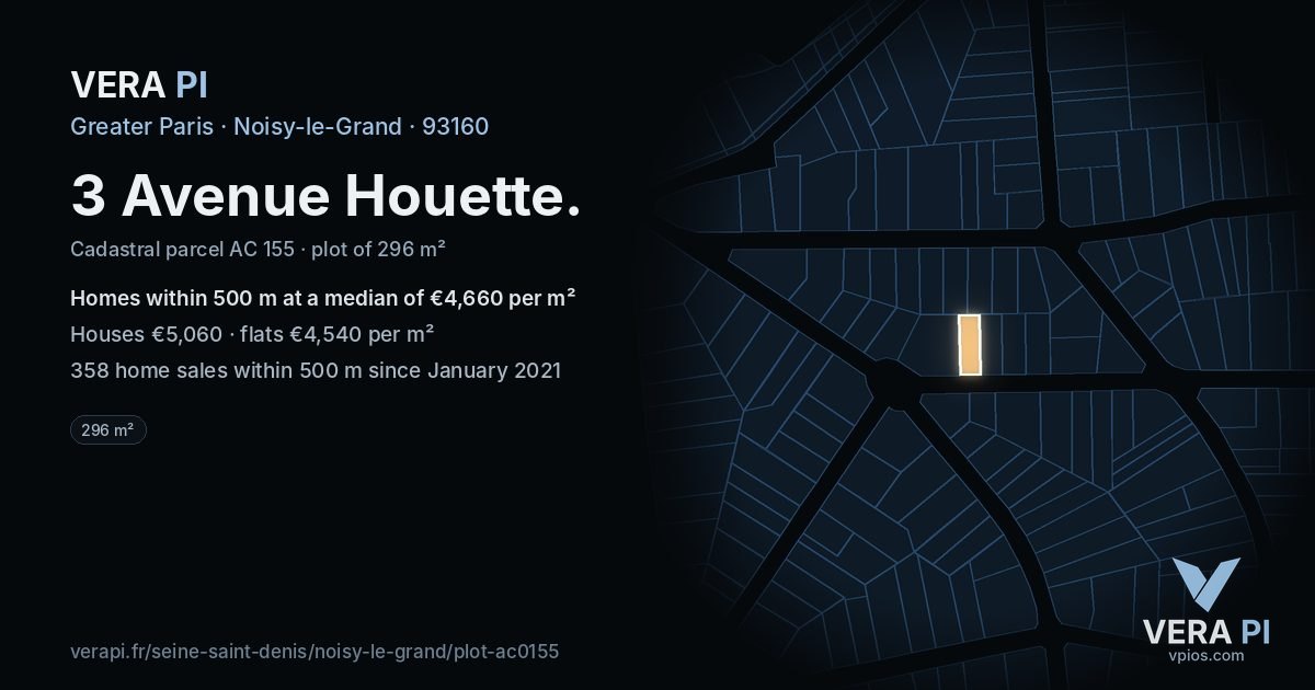 3 Avenue Houette, Noisy-le-Grand at night – the plot lit, the parcels around coloured by the prices near them