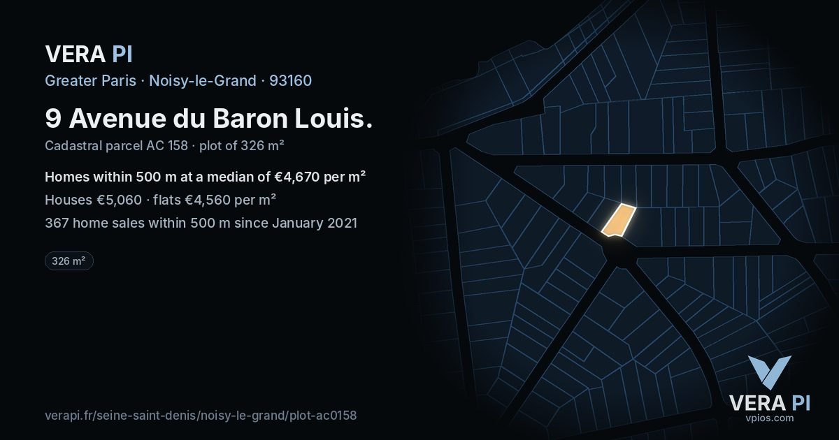 9 Avenue du Baron Louis, Noisy-le-Grand at night – the plot lit, the parcels around coloured by the prices near them