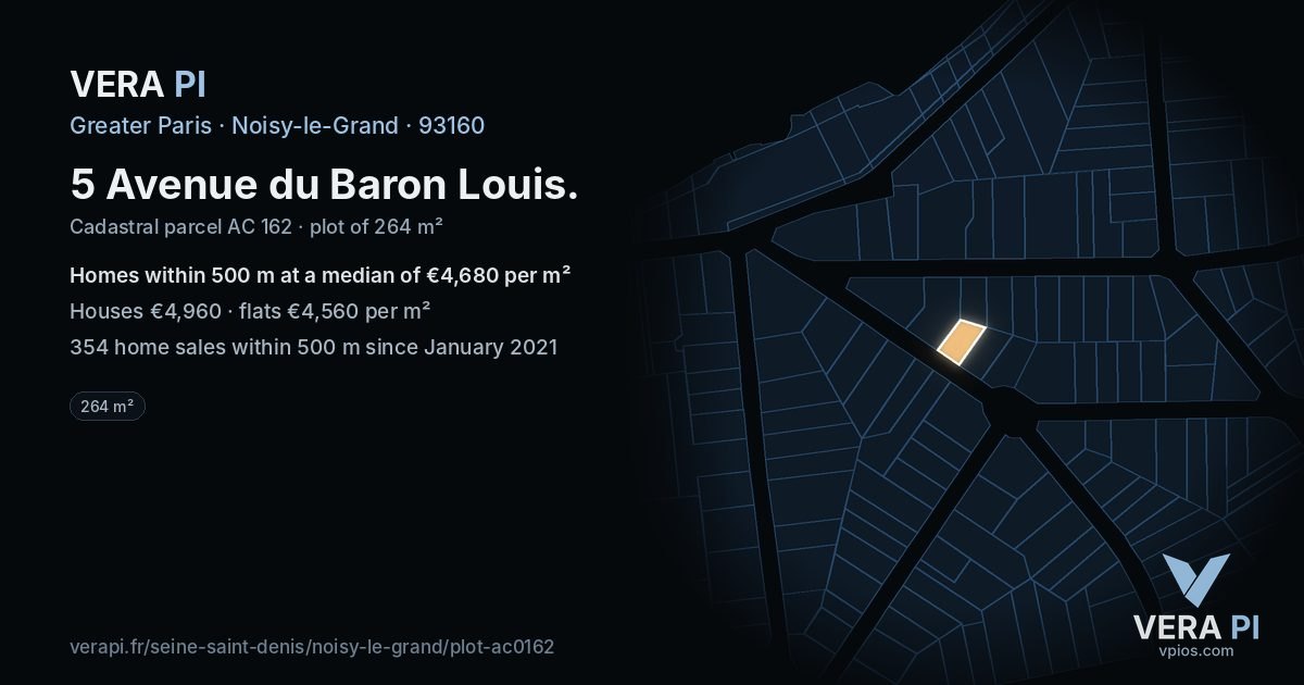 5 Avenue du Baron Louis, Noisy-le-Grand at night – the plot lit, the parcels around coloured by the prices near them