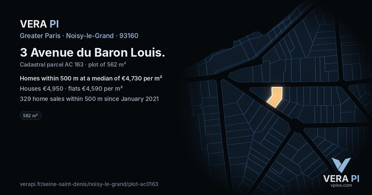 3 Avenue du Baron Louis, Noisy-le-Grand at night – the plot lit, the parcels around coloured by the prices near them