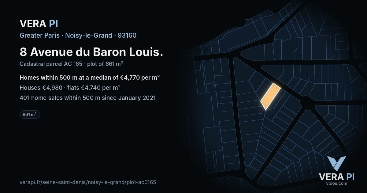 8 Avenue du Baron Louis, Noisy-le-Grand at night – the plot lit, the parcels around coloured by the prices near them