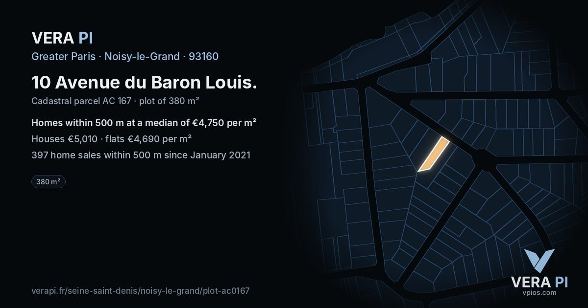 10 Avenue du Baron Louis, Noisy-le-Grand at night – the plot lit, the parcels around coloured by the prices near them