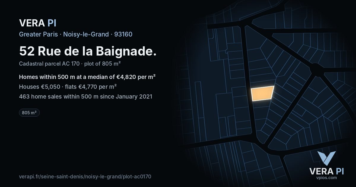 52 Rue de la Baignade, Noisy-le-Grand at night – the plot lit, the parcels around coloured by the prices near them