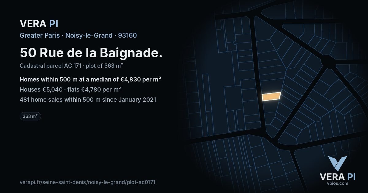 50 Rue de la Baignade, Noisy-le-Grand at night – the plot lit, the parcels around coloured by the prices near them