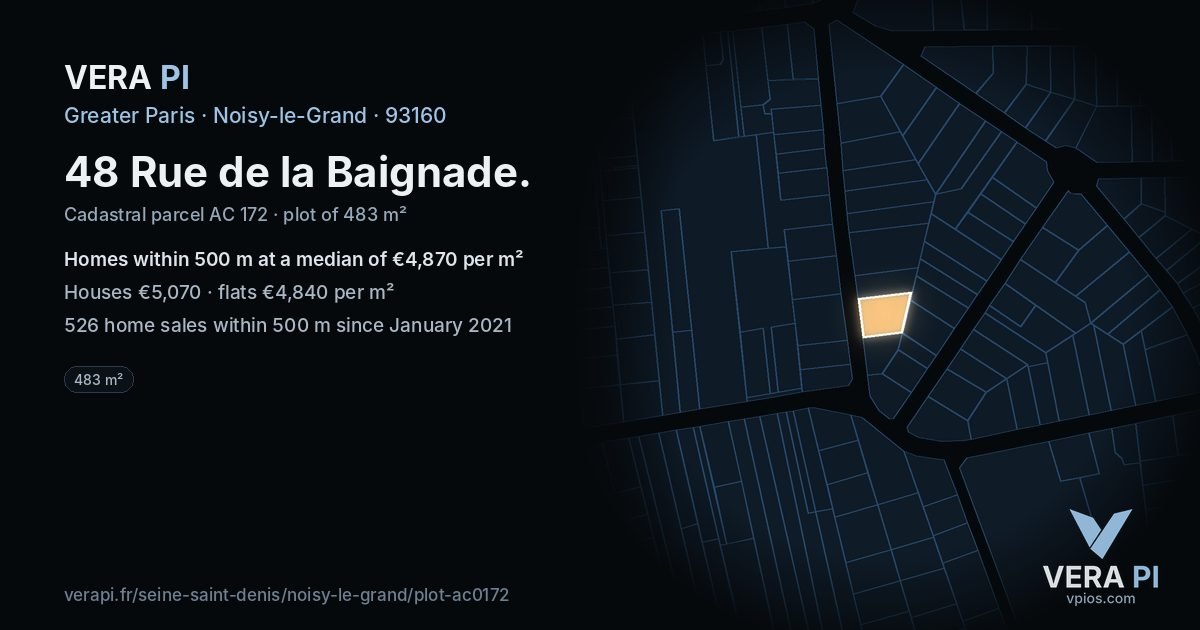 48 Rue de la Baignade, Noisy-le-Grand at night – the plot lit, the parcels around coloured by the prices near them