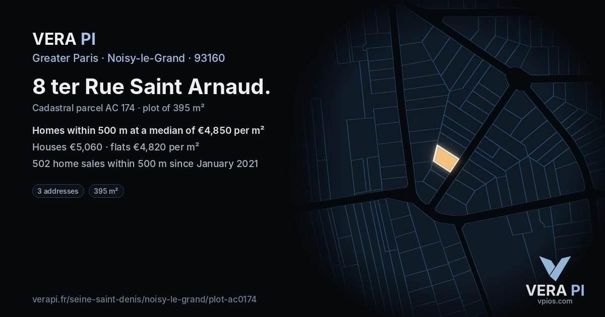8 ter Rue Saint Arnaud, Noisy-le-Grand at night – the plot lit, the parcels around coloured by the prices near them