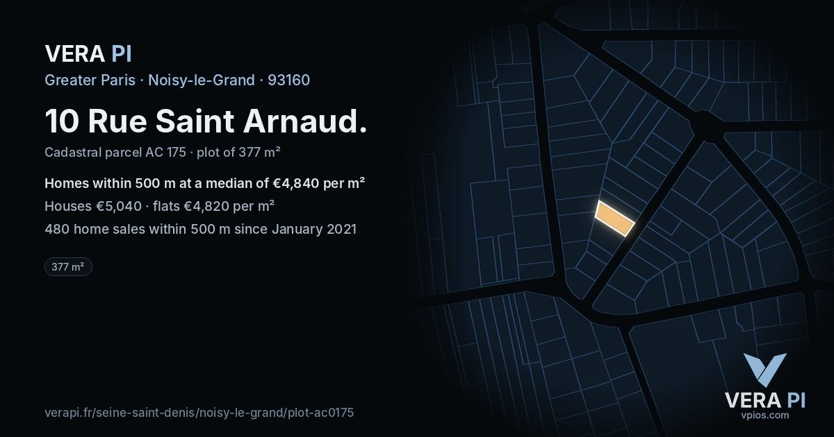 10 Rue Saint Arnaud, Noisy-le-Grand at night – the plot lit, the parcels around coloured by the prices near them