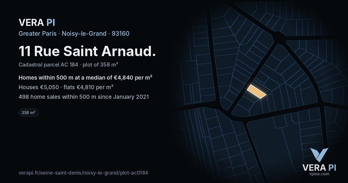 11 Rue Saint Arnaud, Noisy-le-Grand at night – the plot lit, the parcels around coloured by the prices near them