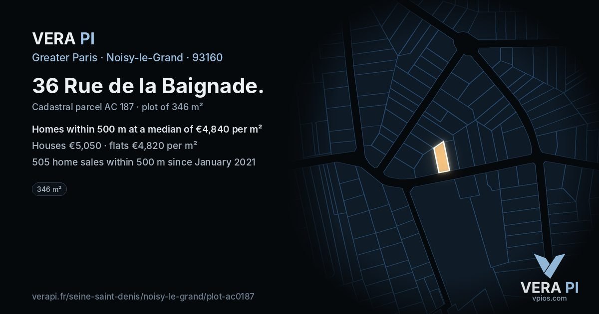 36 Rue de la Baignade, Noisy-le-Grand at night – the plot lit, the parcels around coloured by the prices near them