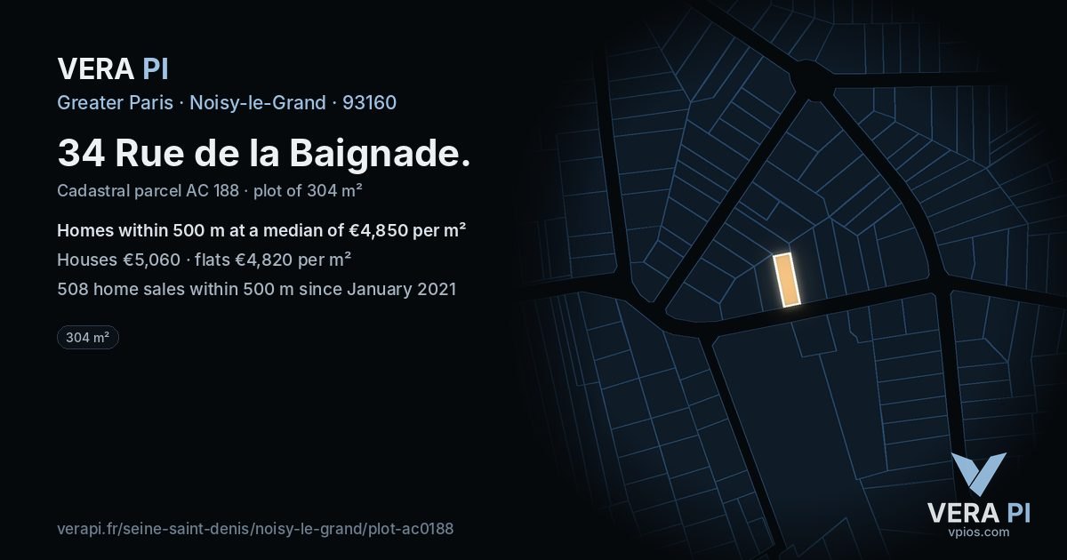 34 Rue de la Baignade, Noisy-le-Grand at night – the plot lit, the parcels around coloured by the prices near them