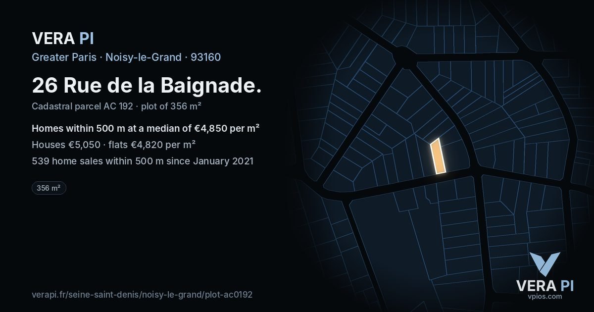 26 Rue de la Baignade, Noisy-le-Grand at night – the plot lit, the parcels around coloured by the prices near them