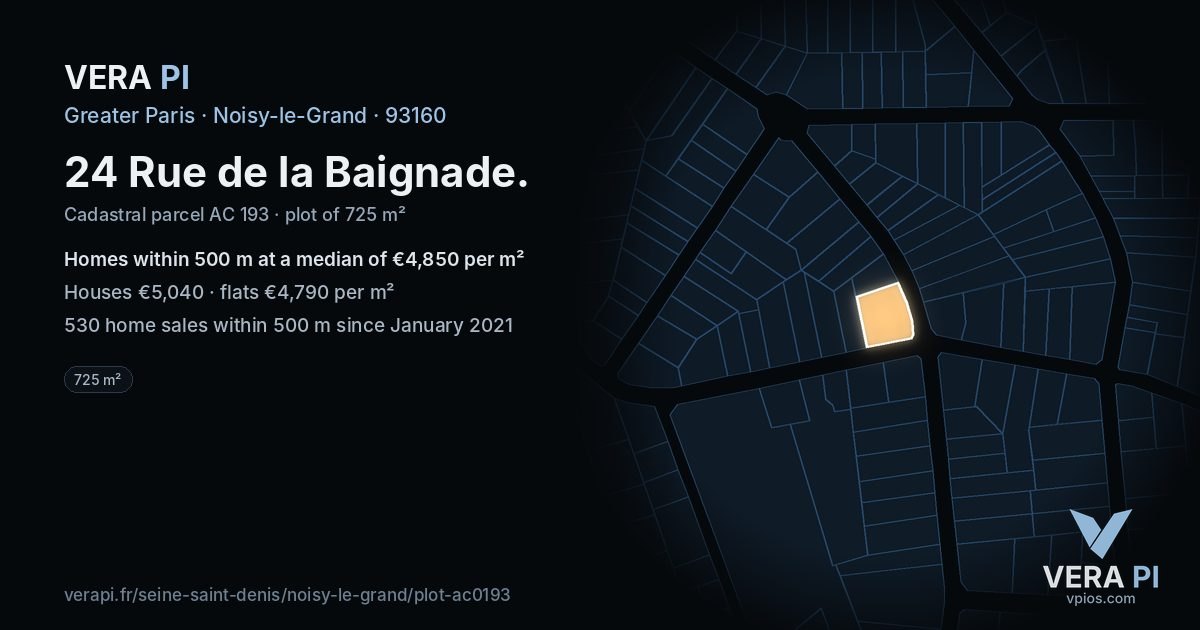 24 Rue de la Baignade, Noisy-le-Grand at night – the plot lit, the parcels around coloured by the prices near them