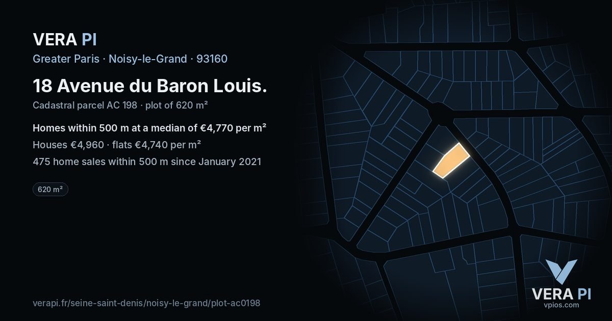 18 Avenue du Baron Louis, Noisy-le-Grand at night – the plot lit, the parcels around coloured by the prices near them