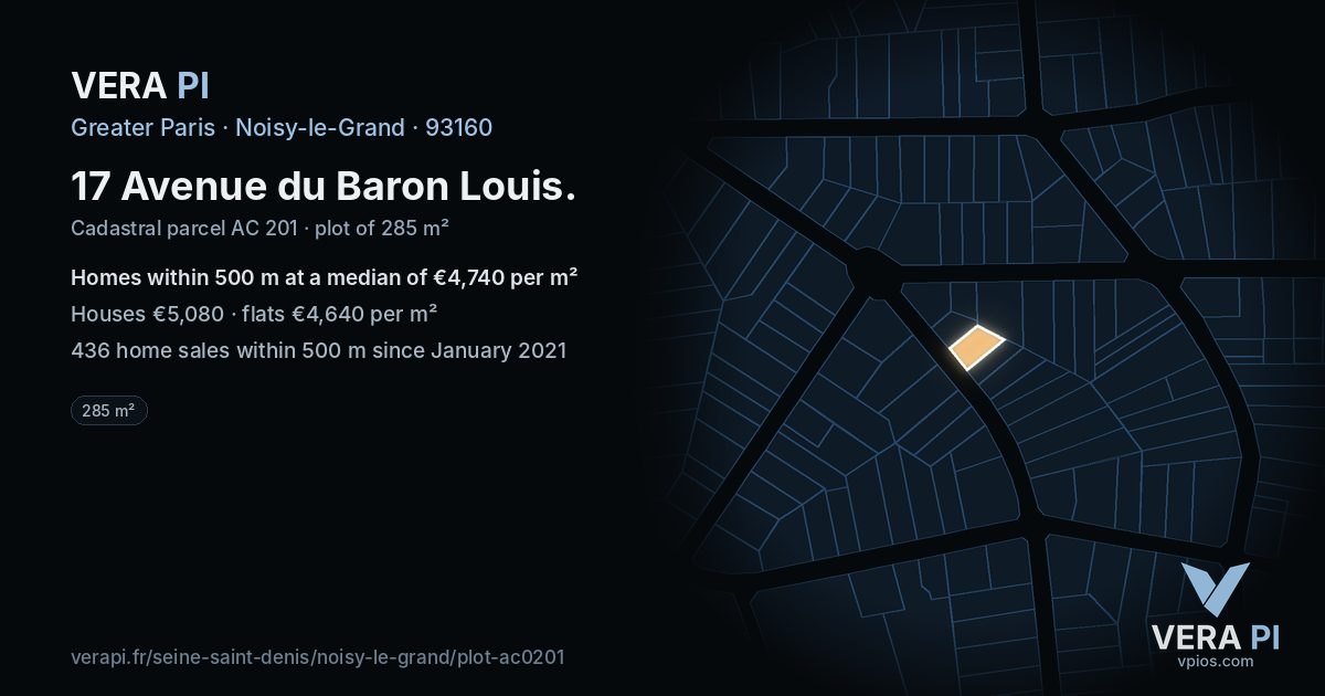 17 Avenue du Baron Louis, Noisy-le-Grand at night – the plot lit, the parcels around coloured by the prices near them