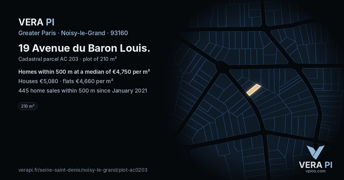 19 Avenue du Baron Louis, Noisy-le-Grand at night – the plot lit, the parcels around coloured by the prices near them