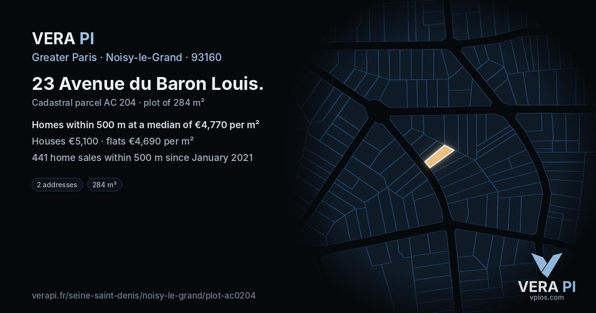 23 Avenue du Baron Louis, Noisy-le-Grand at night – the plot lit, the parcels around coloured by the prices near them