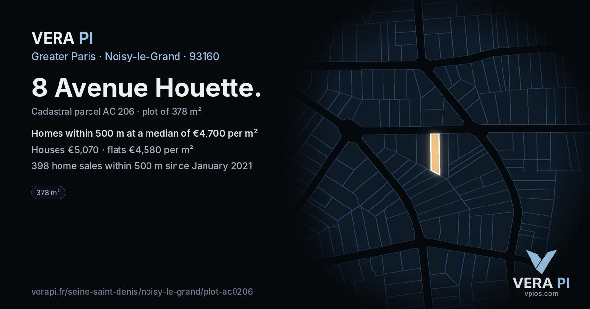 8 Avenue Houette, Noisy-le-Grand at night – the plot lit, the parcels around coloured by the prices near them